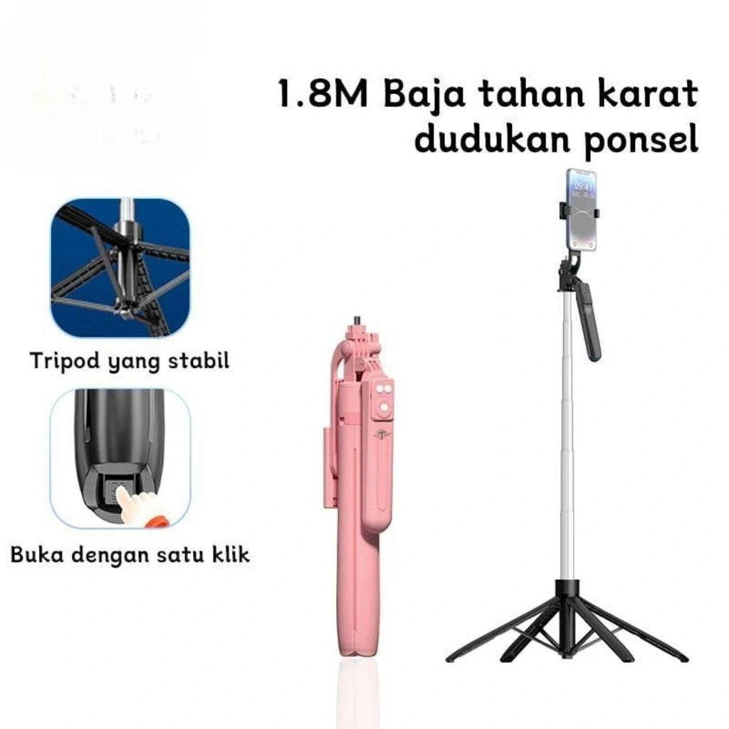 TOOREA 180cm Tongsis Tripod 4 Kaki Tripod Selfie Stick HP Kamera DSLR Tongsis Stainless Steel Tripod 7 Tombol Remote Control Bluetooth Dengan 1/4 Adaptor B17