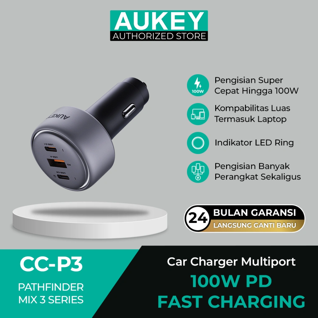 Aukey Car Charger 100W PPS 3 port USB & Type C Fast Charging LED Indicator Casan Mobil Samsung Iphone Laptop Pengisian Cepat - CC-P3
