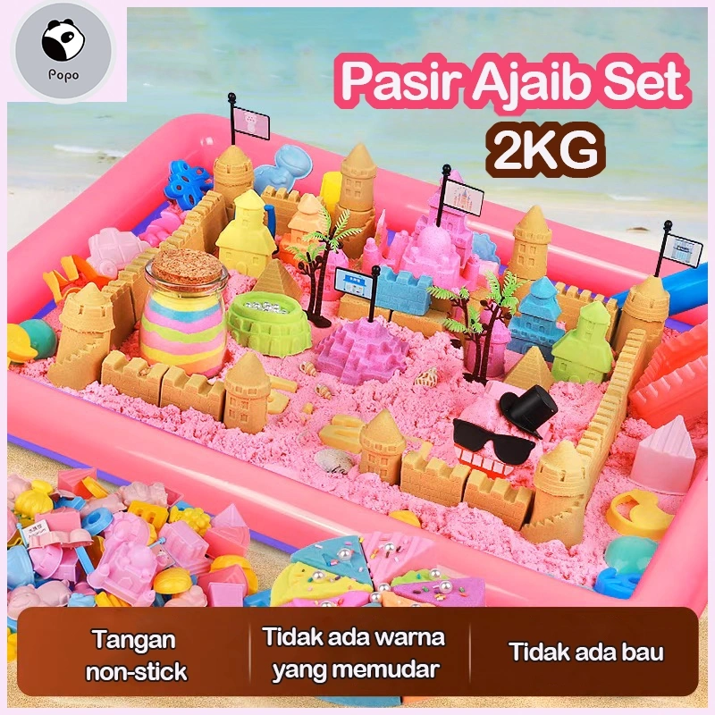 Mainan Anak Pasir Ajaib 2KG DIY Tanah Liat Plastisin Magic Sand Ada Cetakan Kolam Pasir Set Lengkap Free Mainan Anak Laki-laki Dan Perempuan