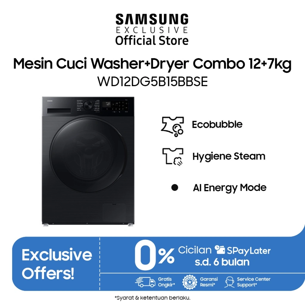 Samsung Mesin Cuci Washer+Dryer Combo 12+7kg | AI Ecobubble™ | SpaceMax™ | WD12DG5B15BBSE