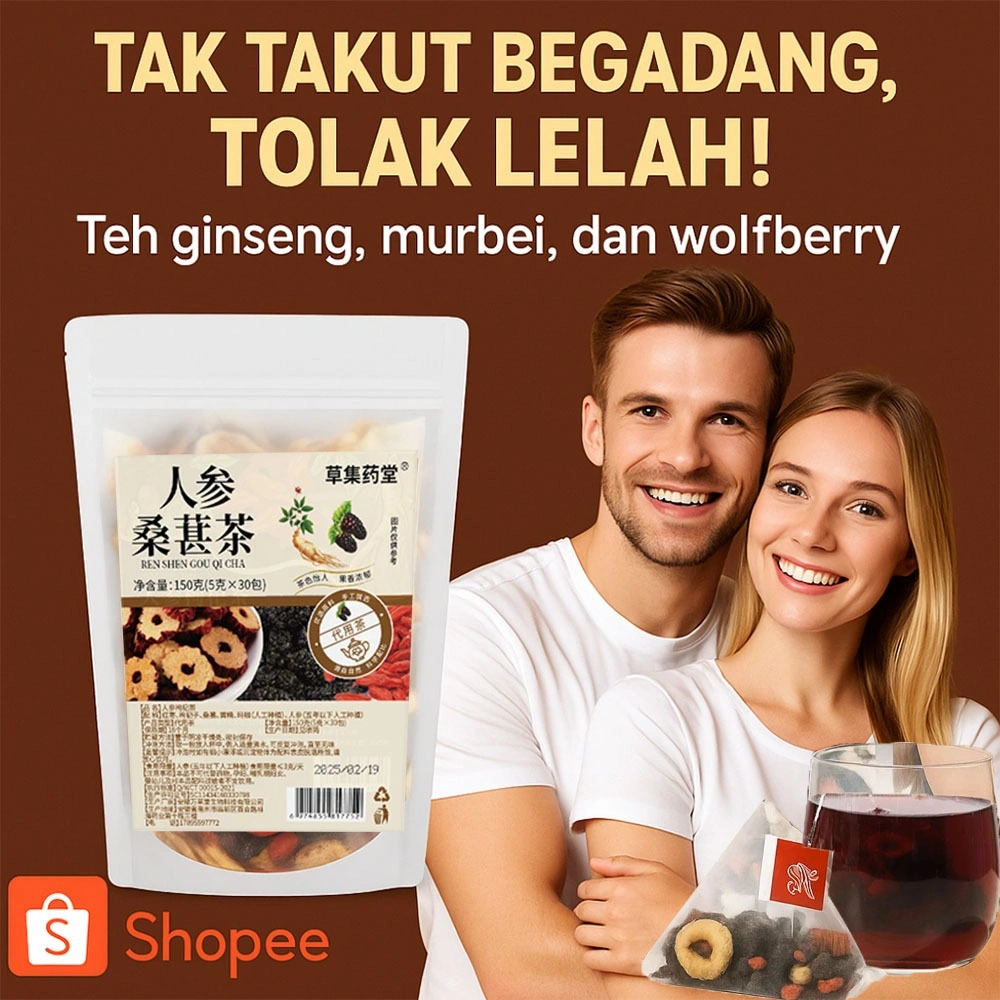 COD [Beli 1 Gratis 2] Teh Herbal Ginseng, Goji Berry & Mulberry Organik – Anti Lelah & Boost Stamina, Minuman Kesehatan Premium