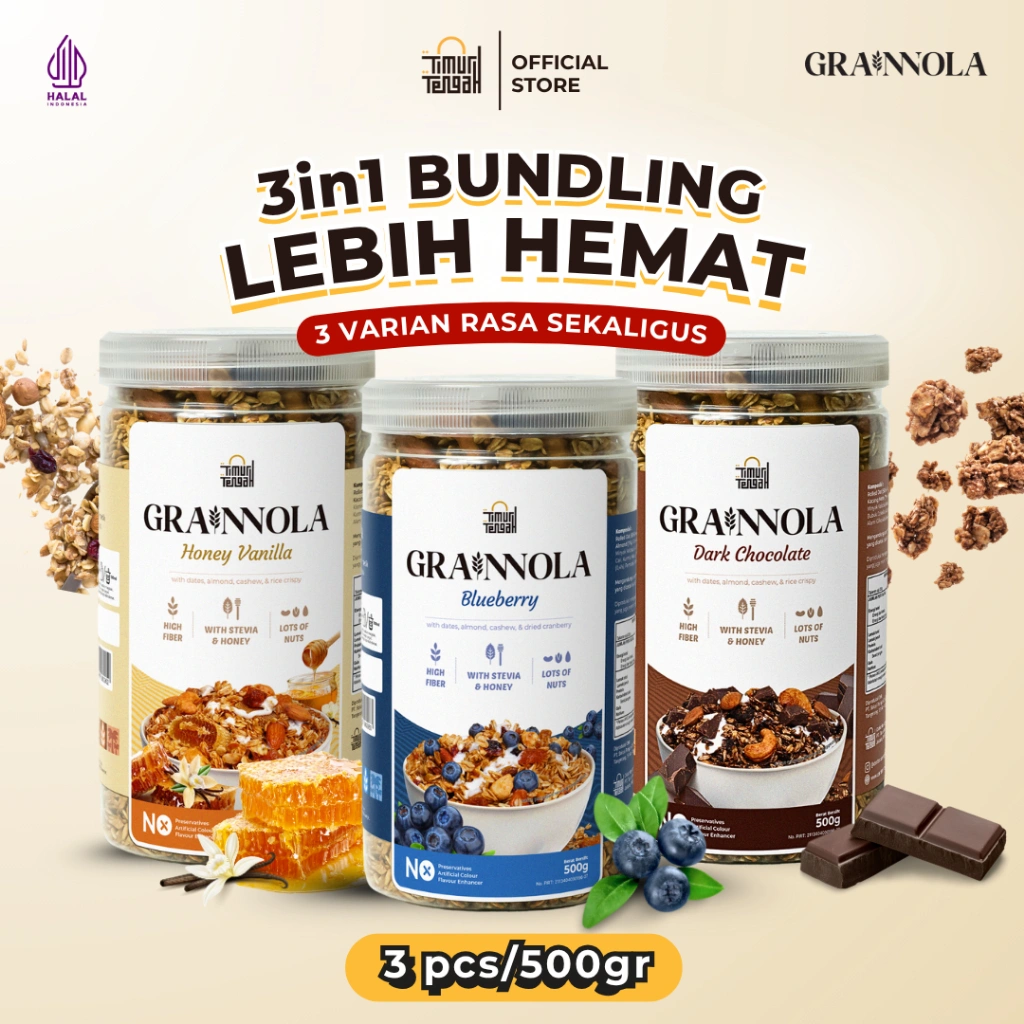 Timur Tengah [PROMO GET 3] Grainnola 500 gr Granola Sarapan Sehat Kaya Serat Sereal Praktis Camilan Rendah Kalori Dark Chocolate, Vanilla Honey, Blueberry
