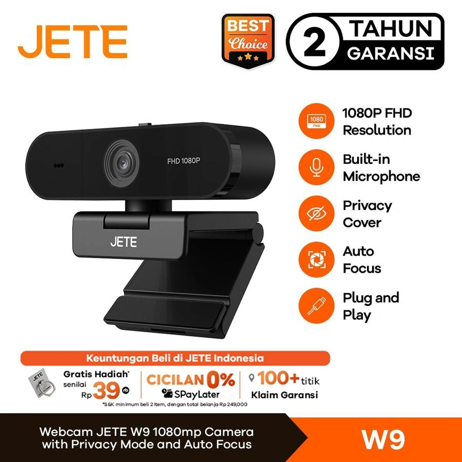 Webcam JETE W9 Web Cam Full HD 1080p Kamera Handphone Laptop Komputer With Mic Privacy Lens Cover For Live Video Meeting FHD Camera Auto Focus