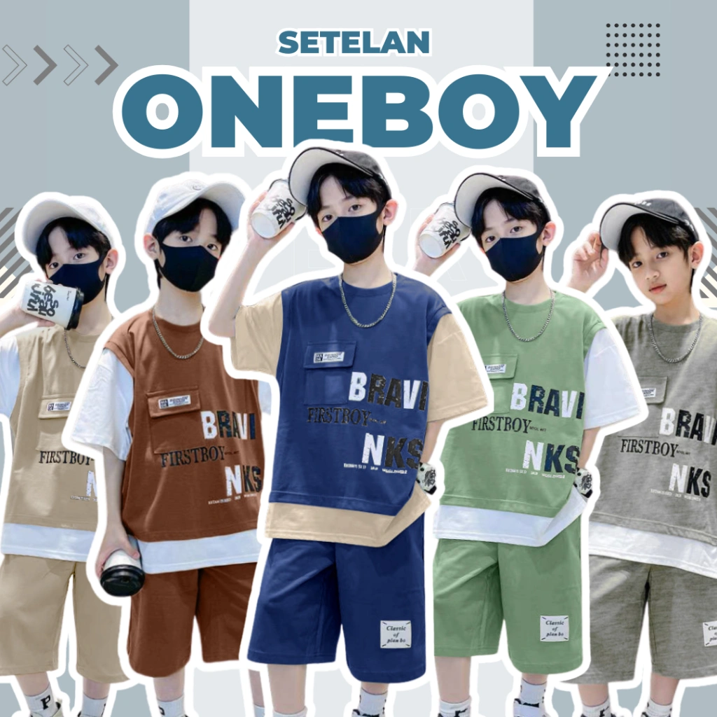 Mokokomo - Setelan Anak Laki Laki OneBoy Lengan Pendek Pakaian Anak Usia 6-14th Set Baju Kaos Harian