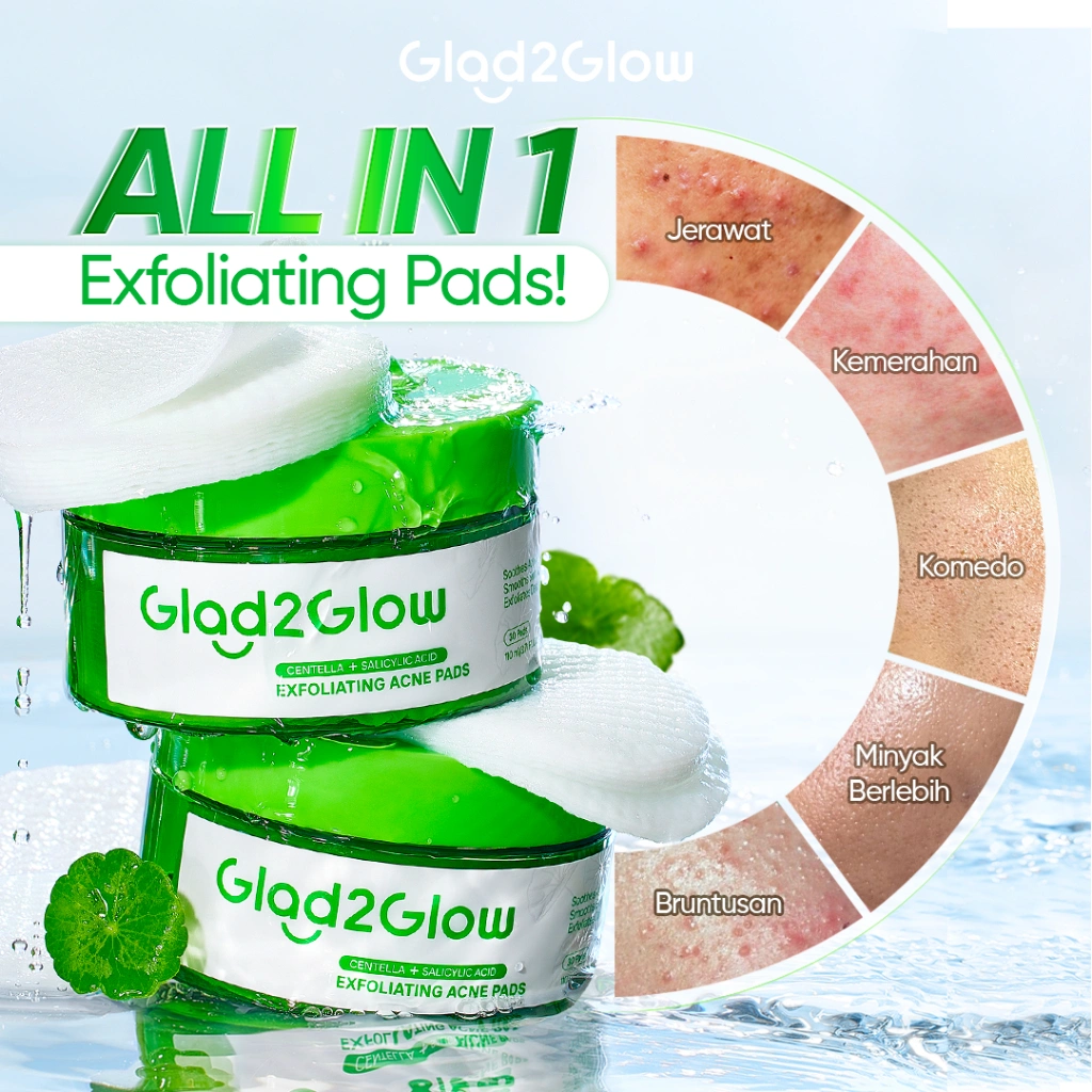 [NEW LAUNCH] Glad2Glow Acne Pads Centella Salicylic Acid Exfoliating Wajah Anti acne jerawat Mencerahkan dull skin sensitif serum membantu mencerahkan clean melembutkan BHA AHA Acid Glycolic Kotoran Lactic calm Mengelupas Muka Pencerah Niacinamide mask