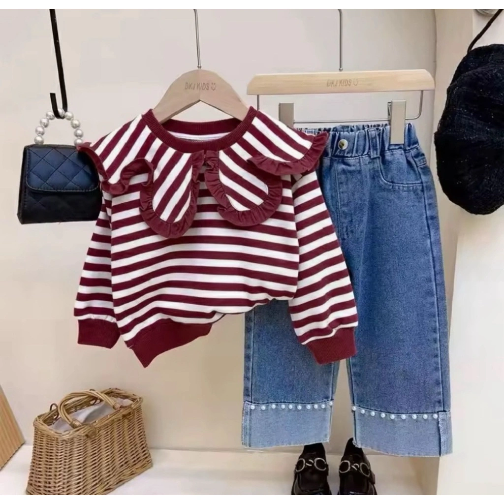 setelan anak perempuan baju salur dan celana denim panjang anak 1-5 tahun ardan baju anak