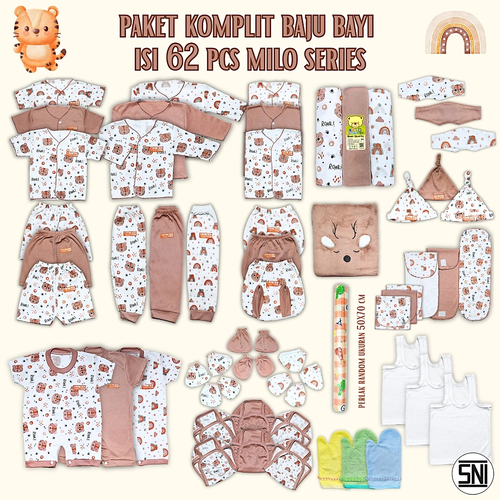 62 PCS Paket Hemat Perlengkapan Baju Bayi Baru Lahir Serian Milo Terkomplit SNI BOLO BOLO