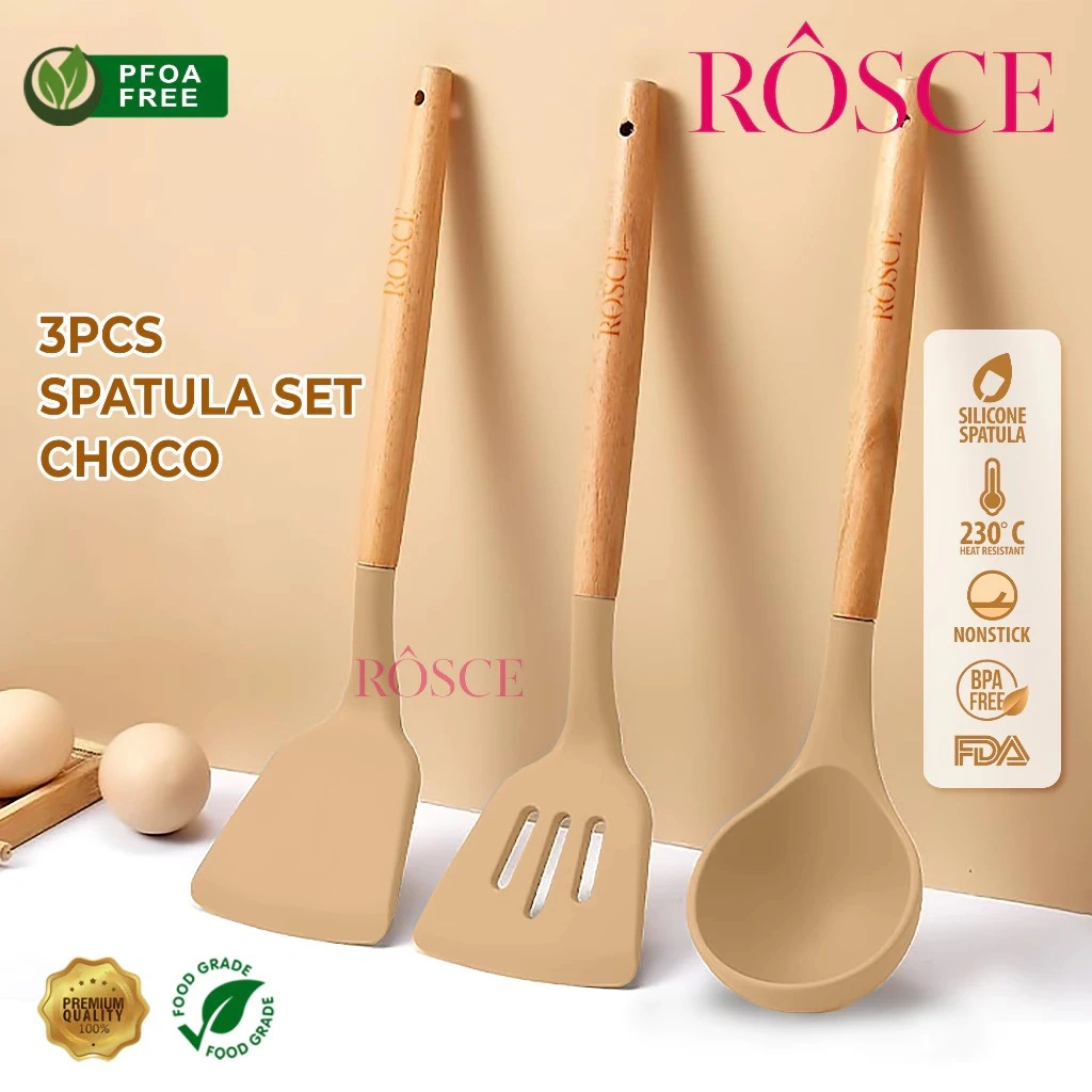 ROSCE Spatula Set 3Pcs sutil silikon sendok soup silicone slotted turner set utensils cooking wooden