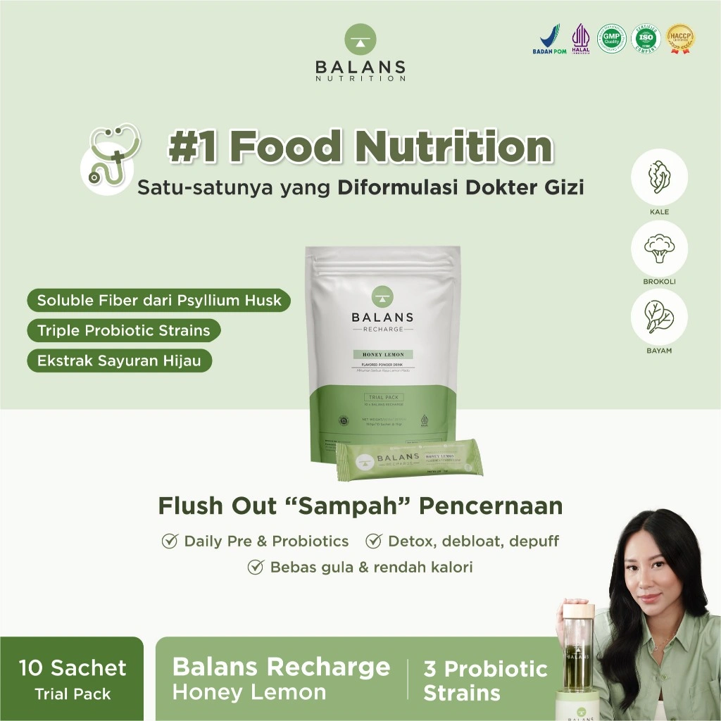 Balans Recharge Trial Pack | Honey Lemon | Fiber & Probiotics Drink  - Isi 10 Sachet