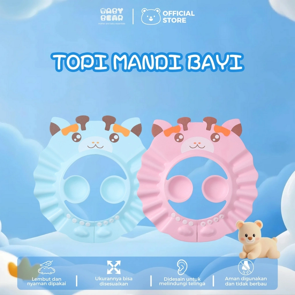 Baby Bear Topi Mandi Bayi Anti Air Dengan Kancing Penutup Telinga - Baby Shower Cap 0-6 Tahun