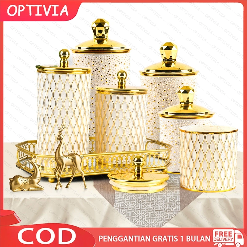 OPTIVIA Toples Aklirik kedap udara gold emas / Toples set 3pcs/set mewah / Toples mewah aesthetic Toples Snack emas /Toples Dubai Kedap Udara /Toples Kue Lebaran Mewah