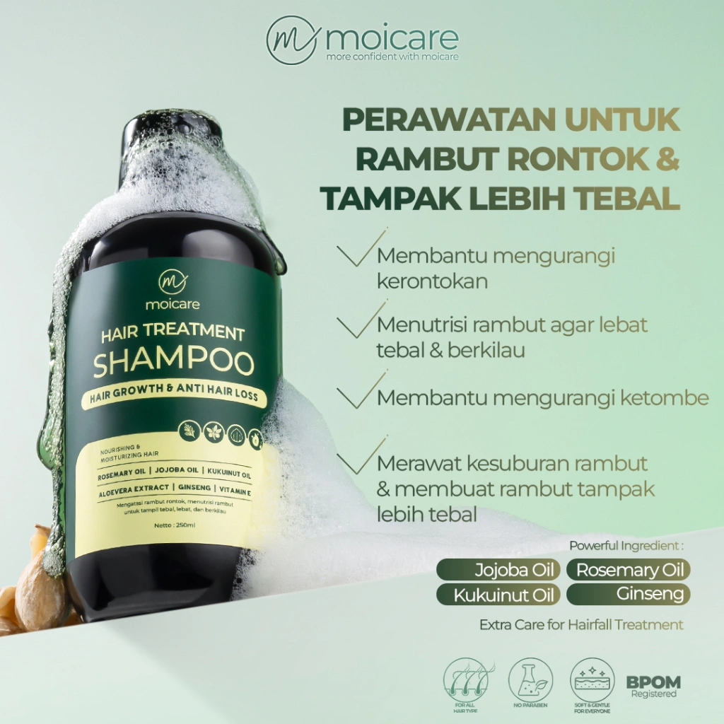 MOICARE Hair Treatment Shampoo Hair Growth & Anti Hair Loss Perawatan Rambut Rontok Penumbuh Rambut Sehat Lebat Mengatasi Rambut Kering & Rontok dengan Ginseng Extract Rosemary Oil Aloevera Vit E