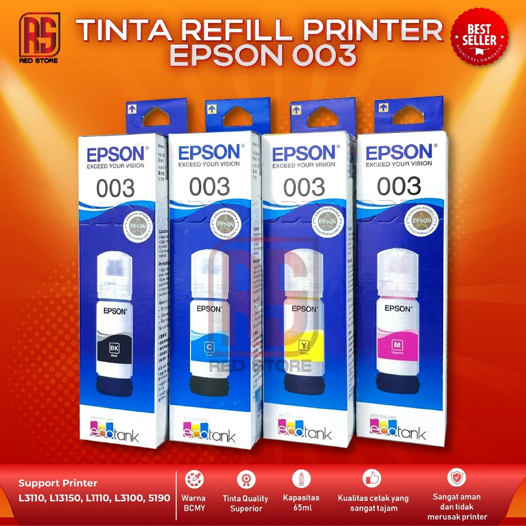 1 Paket Isi 4 Tinta Epson 003 Untuk Tipe Printer L1110 L3101 L3110 L3150 L5190 L3210 L3250 L5290 Cetak Tajam, Irit, Gak Bikin Ribet