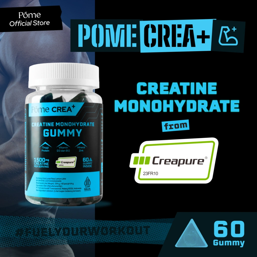 Pome CREA+ (Made with Creapure) 1 Botol - High Protein Creatine Gummy with Vitamin B12, D3, and Zinc (Tingkatkan performa atletik & percepat recovery setelah latihan)
