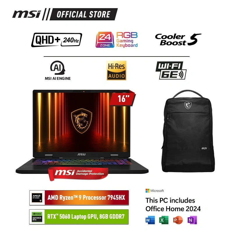 MSI CROSSHAIR A16 HX RYZEN 9-7945HX RTX5060 - 16GB 512GB W11+OHS 16.0QHD+ 240HZ 100DCIP3 24ZRGB 2Y+ADP GRAY
