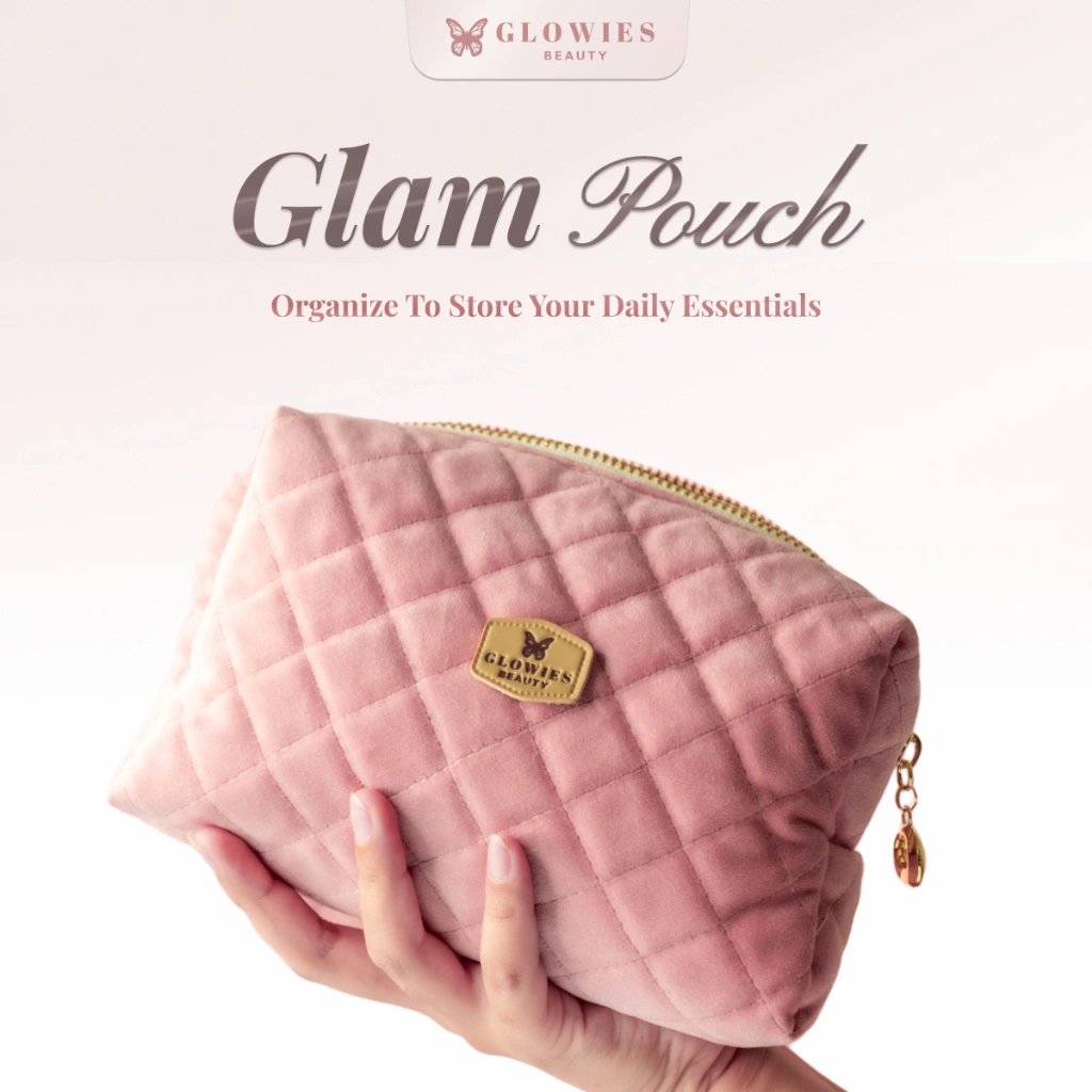 GLOWIES BEAUTY Glam Pouch Tas Makeup Travel Pouch Quilted Makeup Skincare Organizer Pink Dimension 19 x 5 x 12 cm