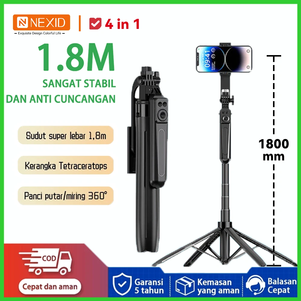NEXID  4in1 Tongsis Tripod Bluetooth 1.8m 4 Kaki Stainless Steel Fill light Tongsis Tripod Remote Tongsis hp Selfie Stick Bluetooth 1/4 Adaptor Tongsis untuk Handphone Kamera Ring Light Cocok untuk Handphone Kamera S30