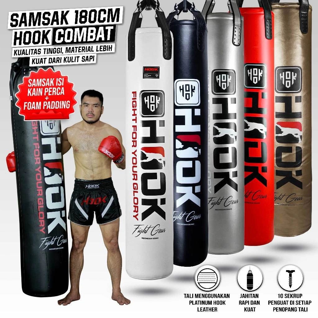 Samsak Gantung 180cm + isi Kain Perca Hook Sansak Tinju Muay Thai Punching Bag Sandsack Karate Taekwondo Silat
