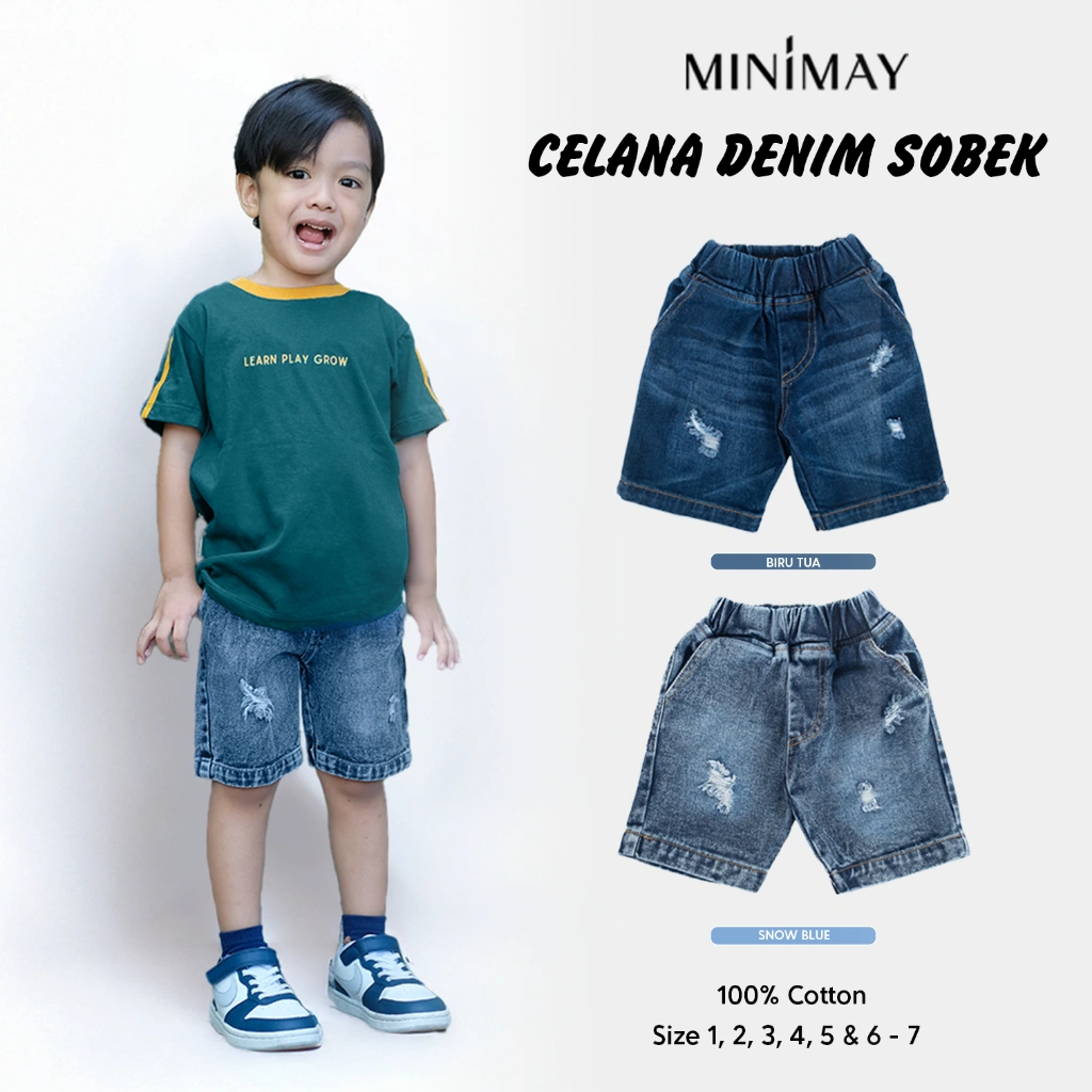 MINIMAY Celana Pendek Denim Anak Ripped Sobek Robek Laki Laki Perempuan Usia 1 2 3 4 5 6 7 8 9 10 11 12 Tahun Minimay Maysara