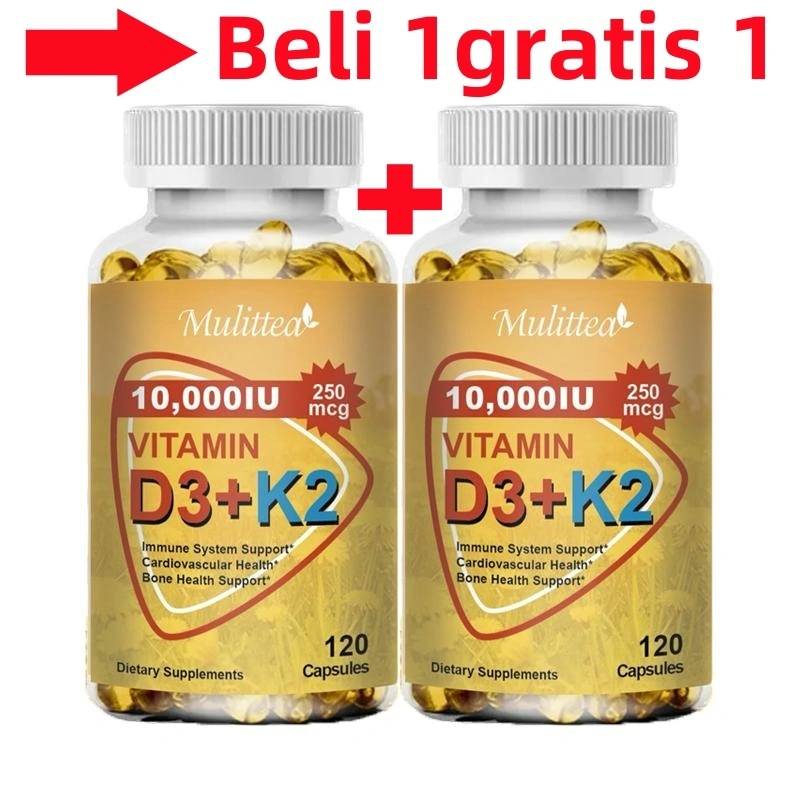 Mulittea D3 K2 Capsules Vitamin D3 10000iu with 250mcg vitamin K2(mk7) For Bone & joint Health Boosting Calcium Absorption Hearth Health & Immune System Support 120pcs Kapsul Vitamin D3 K2 Untuk kesehatan tulang dan sendi meningkatkan penyerapan kalsium