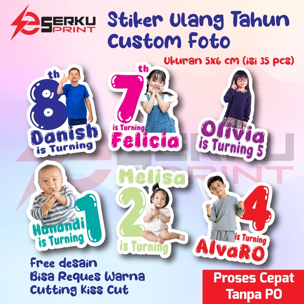 ( isi 35 PCS ) Stiker Ulang Tahun Anak TEMA FOTO CUSTOM / Stiker Ulang Tahun Kiss CUT / Stiker Ulang Tahun Custom / Stiker Ultah