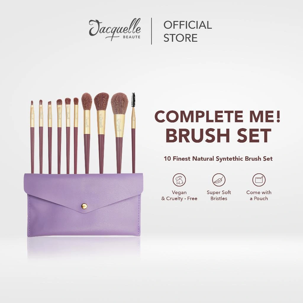 Jacquelle Complete Me! Brush Set 10-in-1 with Pouch - Kuas Makeup Premium Lembut, Travel Friendly, Vegan & Cruelty-Free