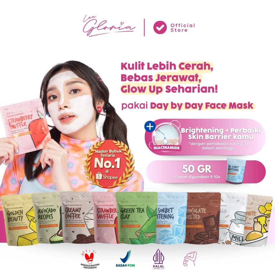 Lea Gloria - Day by Day Face Mask - Masker Bubuk - Masker Viral Size 50 GR - Mencerahkan Melembabkan