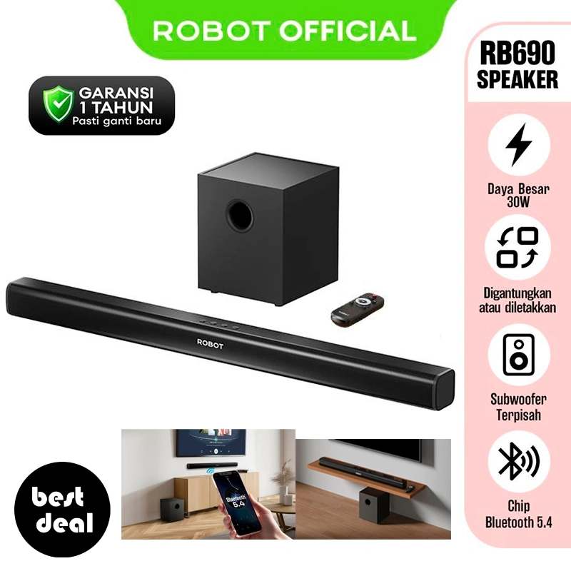 ROBOT RB690 Soundbar Speaker + Subwoofer Home Theater 30W Bluetooth 5.4 TV PC Aux 3.5mm Coaxial Micro SD - Garansi Resmi 1 Tahun