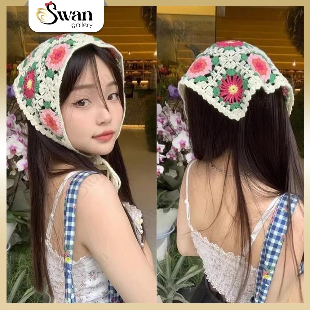 Bando Syal Segitiga Gaya Korea Aesthetic Bandana Rajut Wanita Premium Piknik Lace Cottage Head Scarf Triangle Hair Accessories Elastis Multifungsi Headband Rambut Picnic Renda Fashion Bohemia