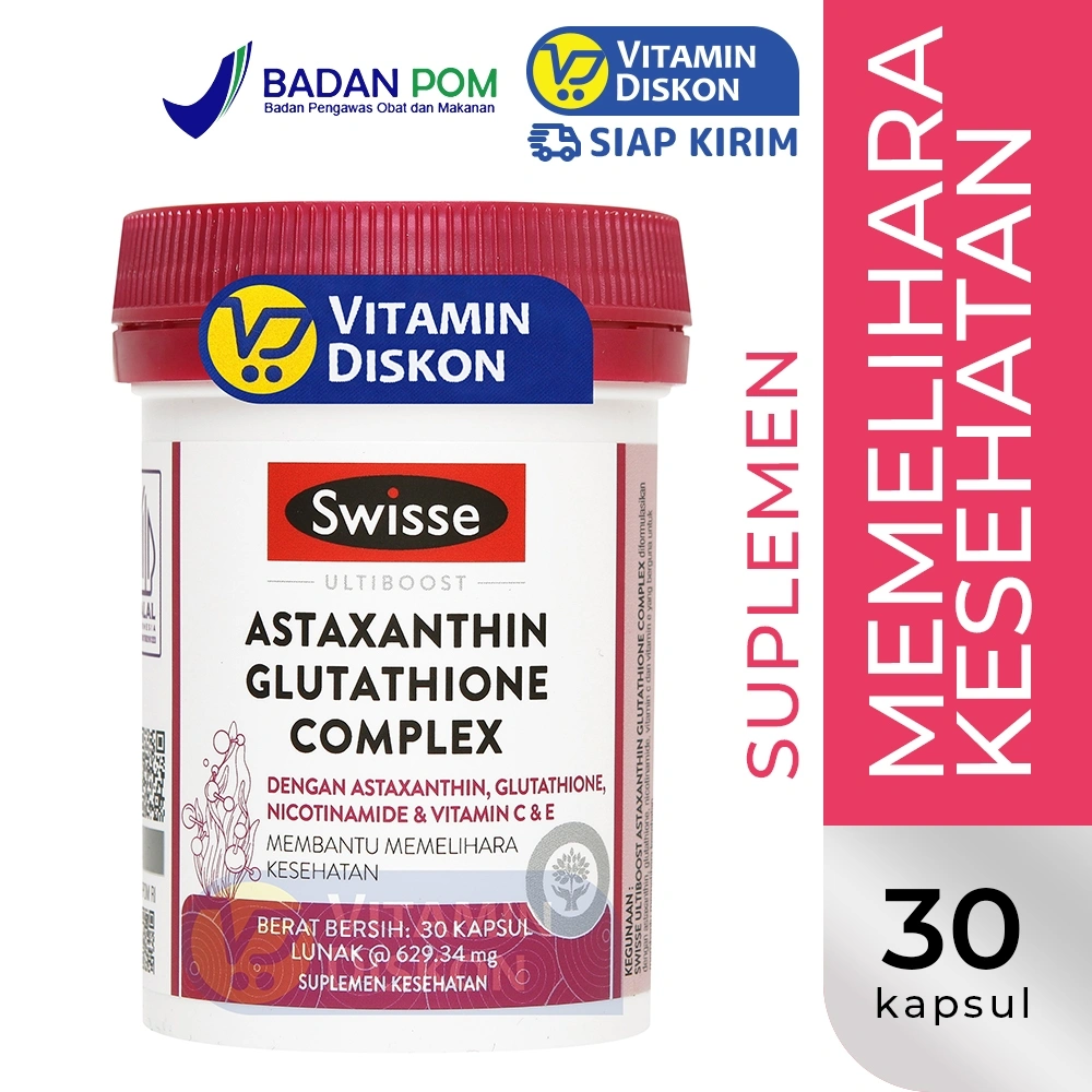SWISSE ASTAXANTHIN GLUTATHIONE PLUS 30 TABLET | Suplemen Astaxanthin, Glutathione, Niacinamide, Vitamin C, Vitamin E, Kolagen, Kulit Kencang, Mencerahkan, Antioksidan