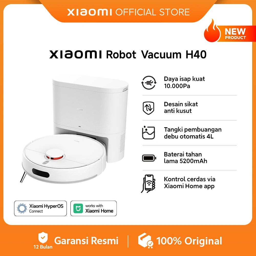 Xiaomi Robot Vacuum H40 | Daya isap kuat 10.000Pa | Desain sikat anti kusut | Pembuangan debu otomatis | Baterai tahan lama 5200mAh | Kontrol cerdas via Xiaomi Home app [Official Store]