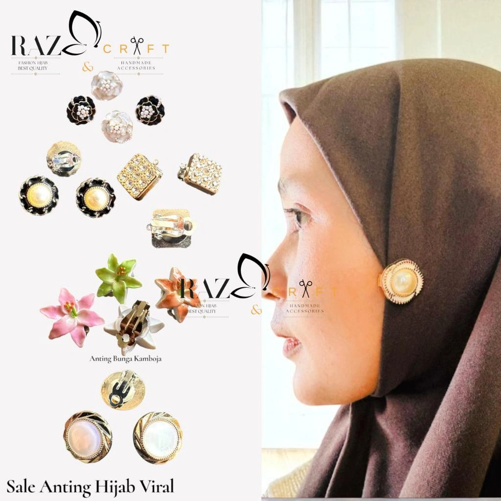 Anting Hijab Sepasang Bunga Kamboja | Anting Klip Jepit Hijab | Aksesoris Hijab Wanita