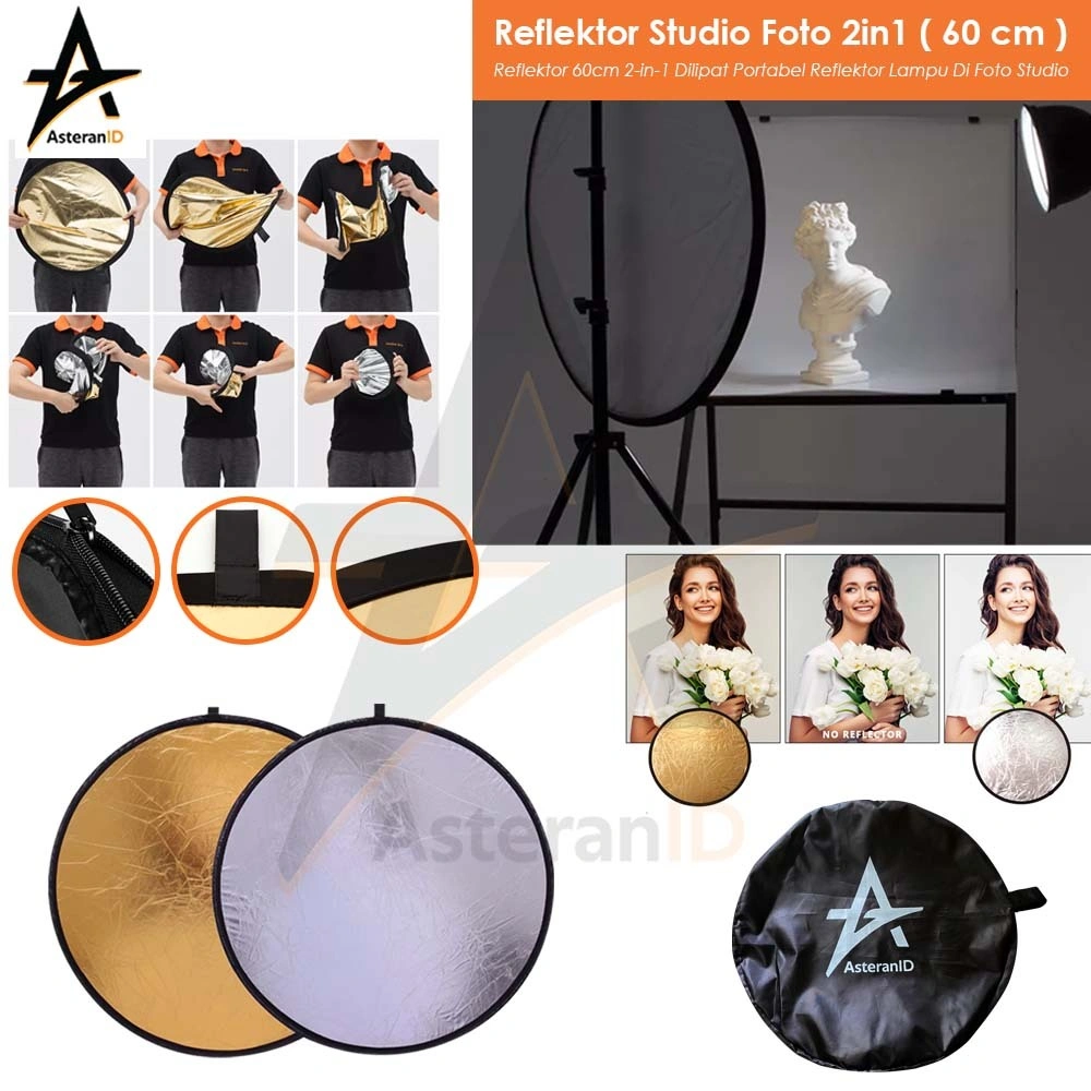 Asteran Reflektor Studio Foto 2in1 Diameter 60cm Reflector Cahaya Camera Gold