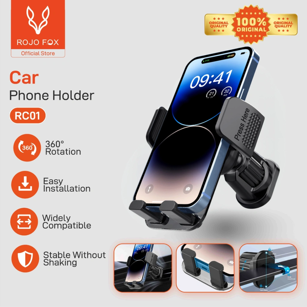 ROJO FOX Car Holder HP Mobil Air Vent | 360° Rotasi + Vent Mount Kuat | Universal 4.7–7.2" Smartphone | Stabil & Aman | RF-C01