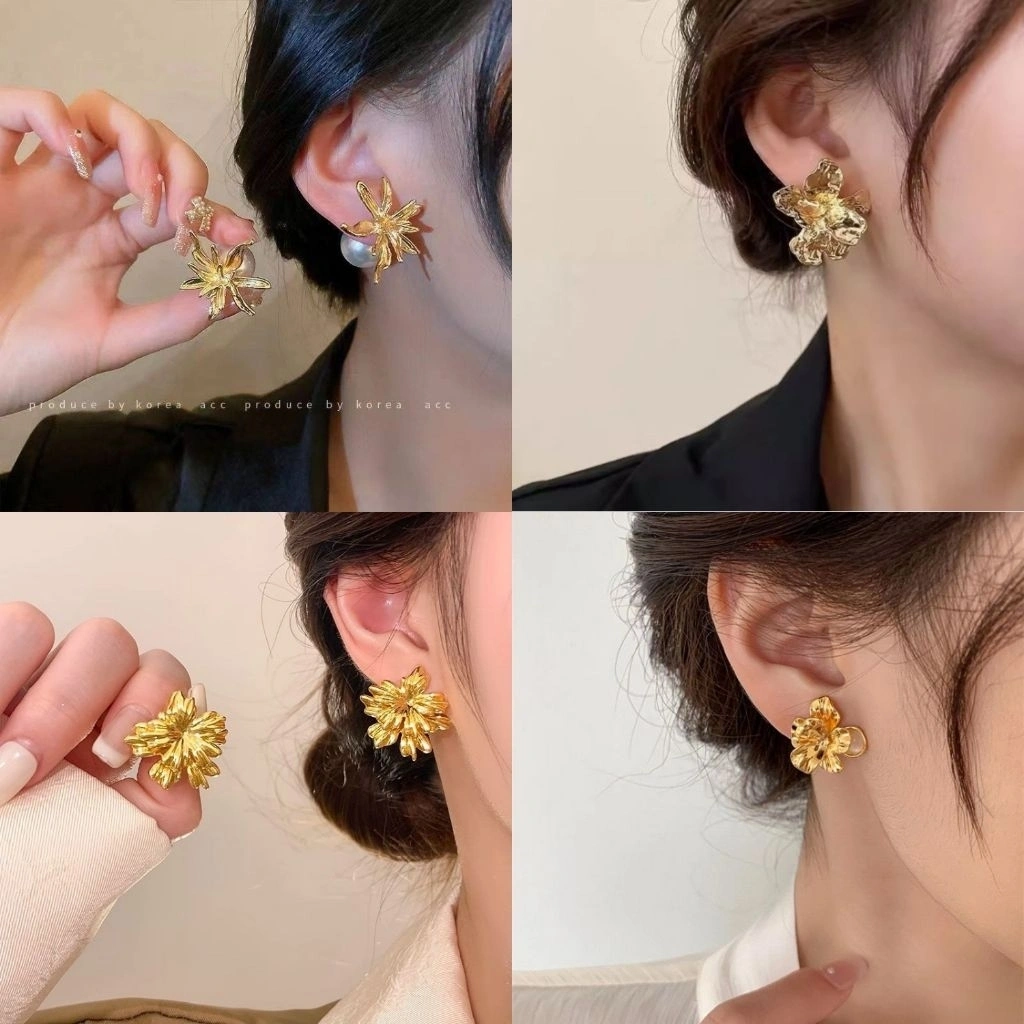 Anting Bunga Kristal Mutiara Gold Silver Stud Earring Elegan Retro Korea