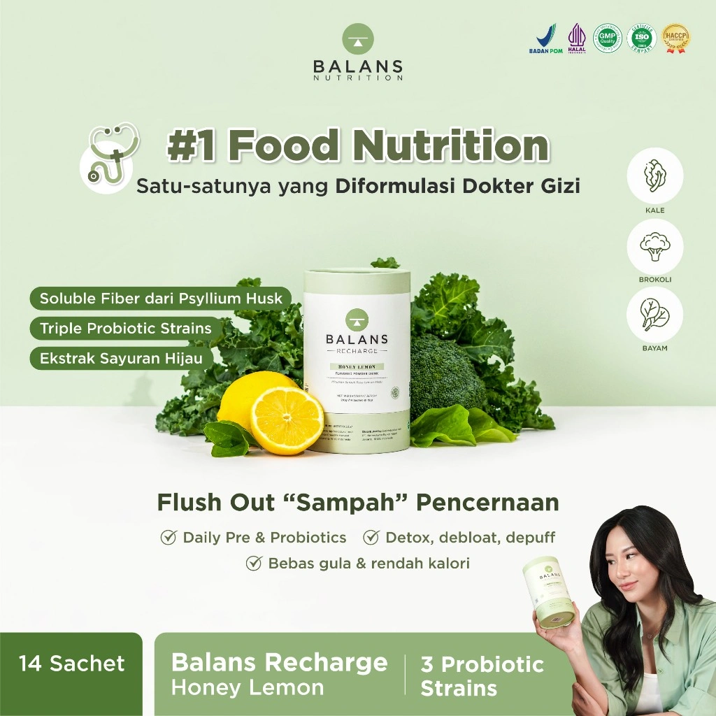 Balans Recharge | Honey Lemon | Fiber & Probiotics Drink -  Isi 14 Sachet