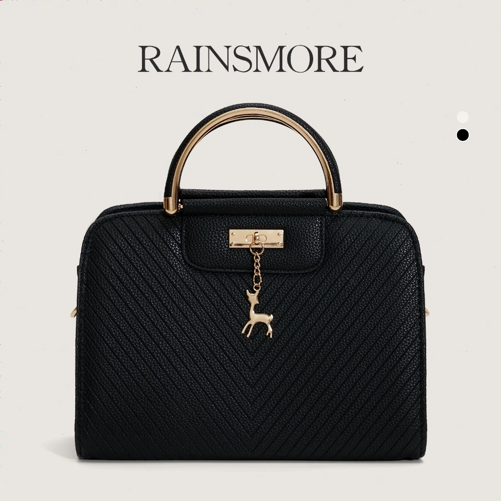 Stok hitamTas Wanita Elegan RAINSMORE – Fashion Handbag Korea Style untuk Kerja & Hangout, Kulit Premium + Charm Deer Aksesori