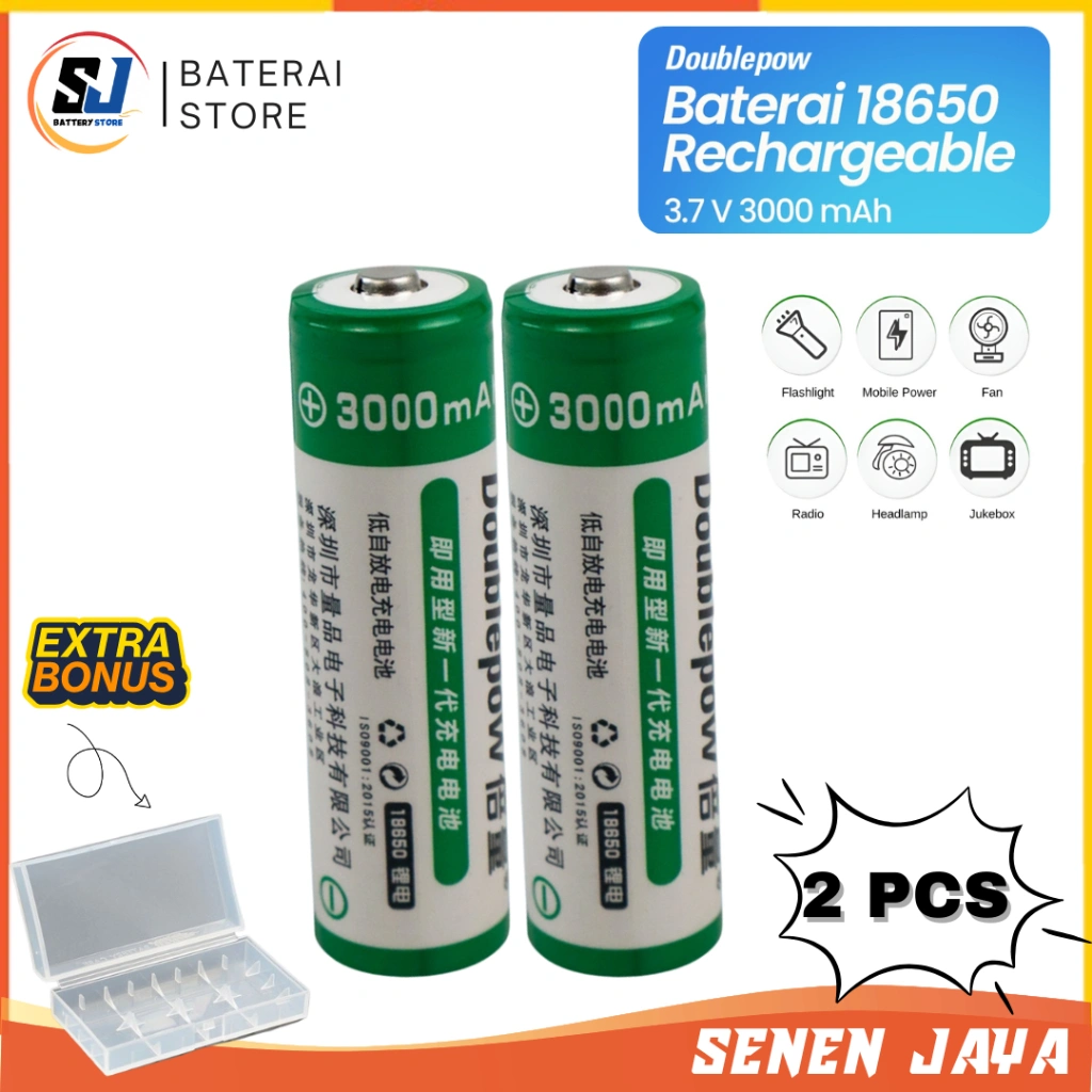 FREE CASE!!! ORIGINAL Baterai 18650 Doublepow 3.7V 2 PCS 3000mAh KEPALA TIMBUL Baterai Senter