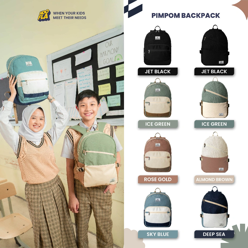 Hoofla Tas Ransel Sekolah Anak Perempuan & Laki- laki PimPom Backpack