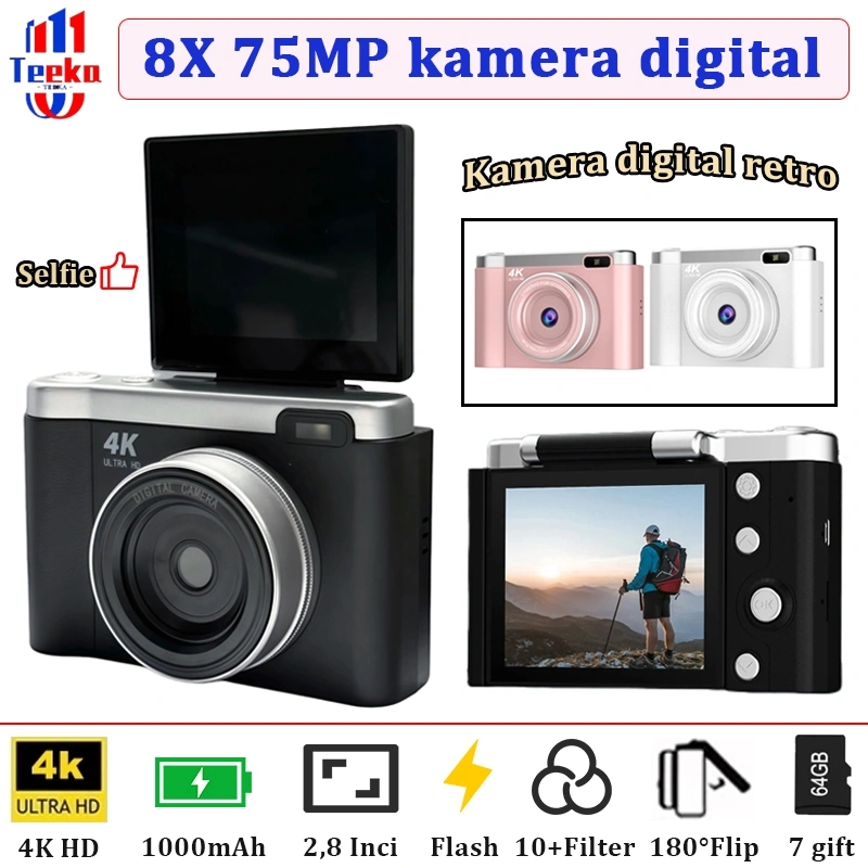 TEEKA LK008 75MP Digital Camera Flip Screen Video 4K 8X Digital Zoom Dengan Dukungan Selfie Koneksi untuk Hadiah Pemula Dengan Kartu 64GB