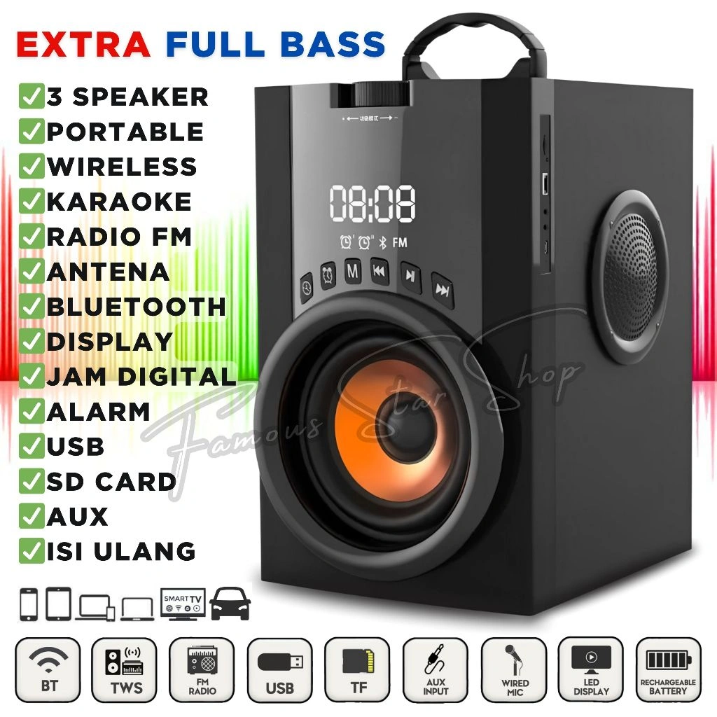 Speaker TV Full Bass, HP, Laptop, Komputer SPEAKER FLECO A18 Layar Besar/Jam/Alarm/Karaoke Jack 3.5mm/USB/TF Card/AUX/Radio FM Antena | Speaker Aktif Super Bass | Salon Aktif Super Bass | Speaker Smart TV | Speaker Laptop Murah