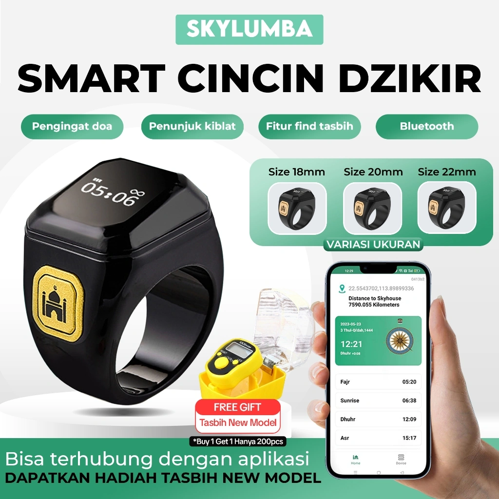 Skylumba Smart Ring Zikir Cincin Tasbih Digital LED Display Bluetooth & Tahan Air - SR01