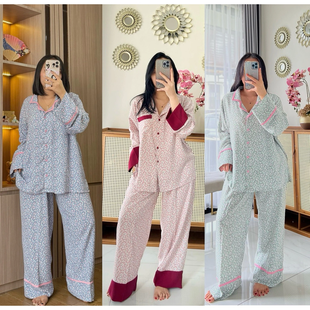 Gentlesleep (PINK FLOWER) One Set Baju Tidur Kekinian Setelan Busui Katun Premium Rayon Wanita Lokal
