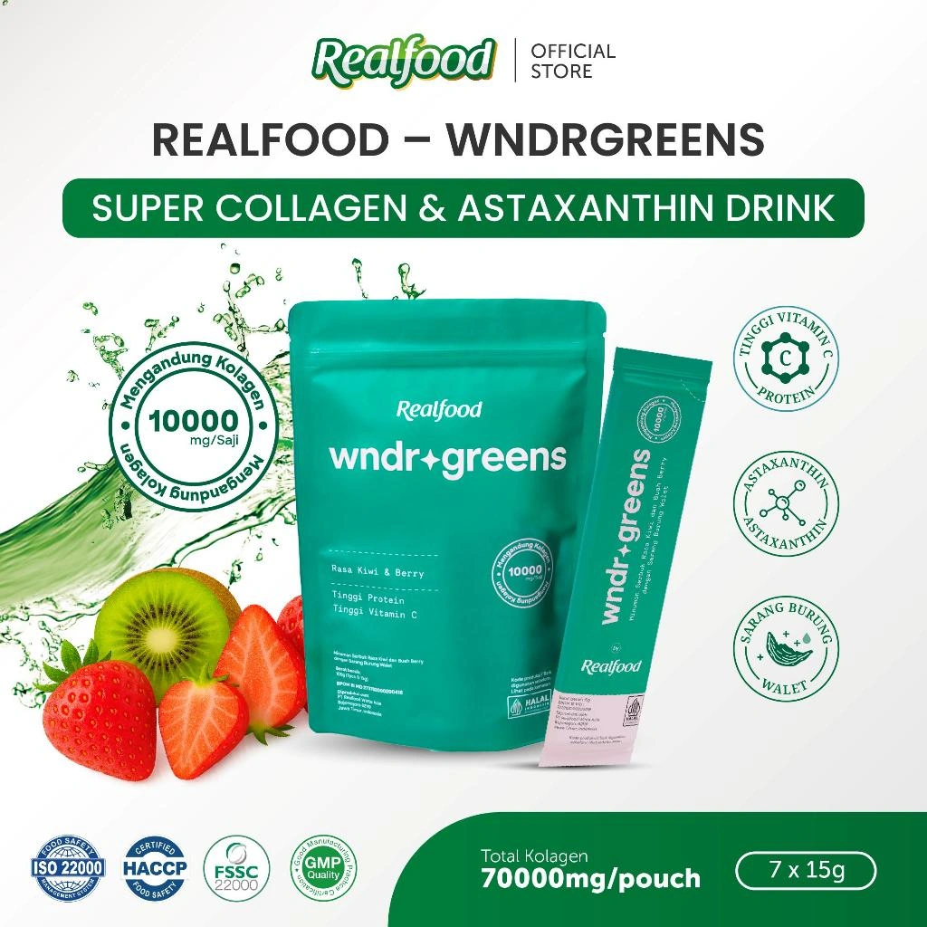 Realfood WNDRGREENS Single Pouch Super 10,000mg Collagen Bird’s Nest Drink I Minuman Collagen dengan Astaxanthin, Glutathione, dan Klorofil