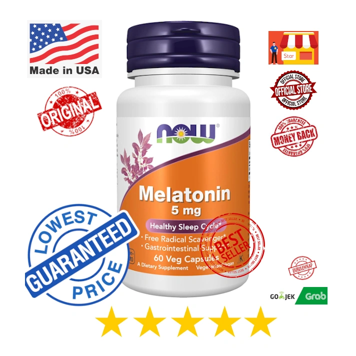 NOW Foods USA Melatonin | 3 | 5 | 10 mg | Free Radical Scavenger | Healthy Sleep Cycle | Supplement | Suplement | Siklus | Atasi | Insomia | Obat Bantu | Susah | Masalah Tidur | Berkualitas | 60 | 180 Veg Caps | Capsules