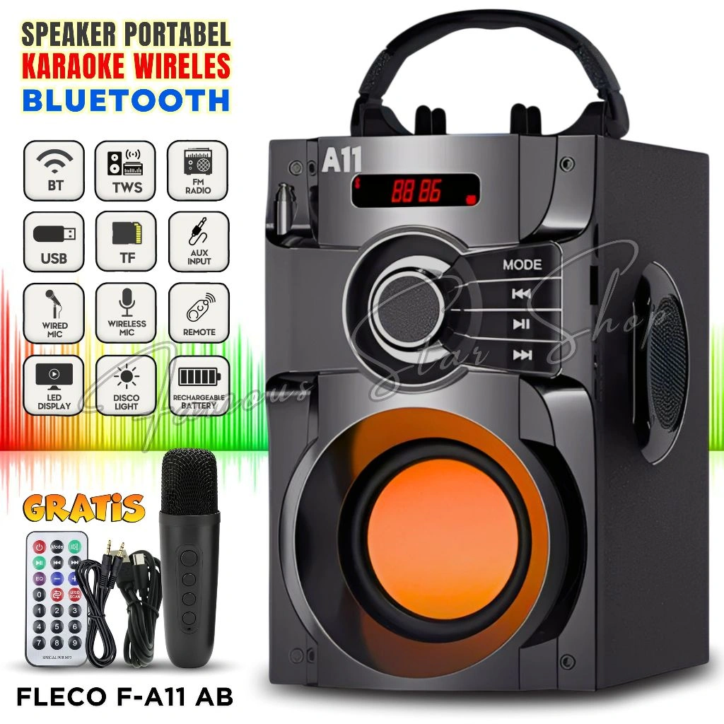 Speaker TV Full Bass, HP, Laptop, Komputer SPEAKER FLECO A11 AB Mic Tanpa Kabel /Karaoke Jack 3.5mm/USB/TF Card/AUX/Radio FM Antena | Speaker Aktif Super Bass | Salon Aktif Super Bass | Speaker Smart TV | Speaker Laptop Murah