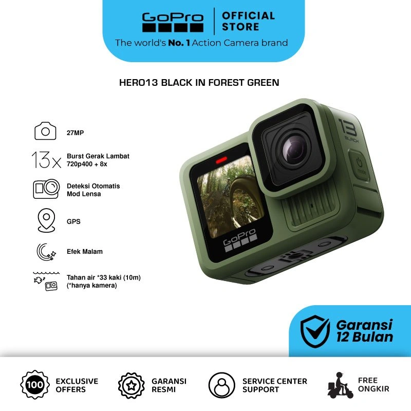 GoPro Hero13 Forest Green Action Cam - 5.3K60 Video Resolution + GPS Tracker + HDR Quality