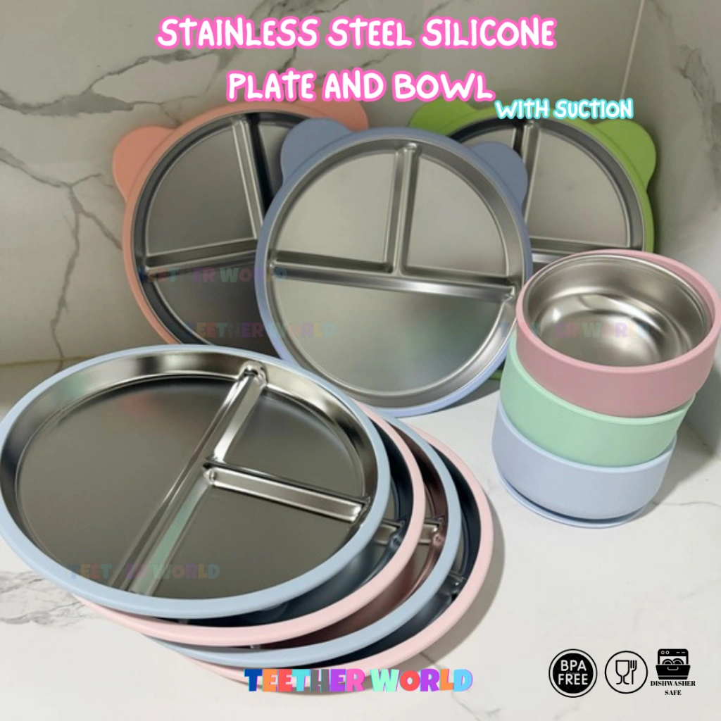 TEETHERWORLD - STAINLESS STEEL SUCTION PLATE | ALAT MAKAN MPASI | PIRING BAYI MPASI LEPAS PASANG SILICONE SUCTION | STAINLESS STEEL SUCTION SUS 304 | BPA FREE SUCTION STAINLESS STEEL SILICONE BOWL
