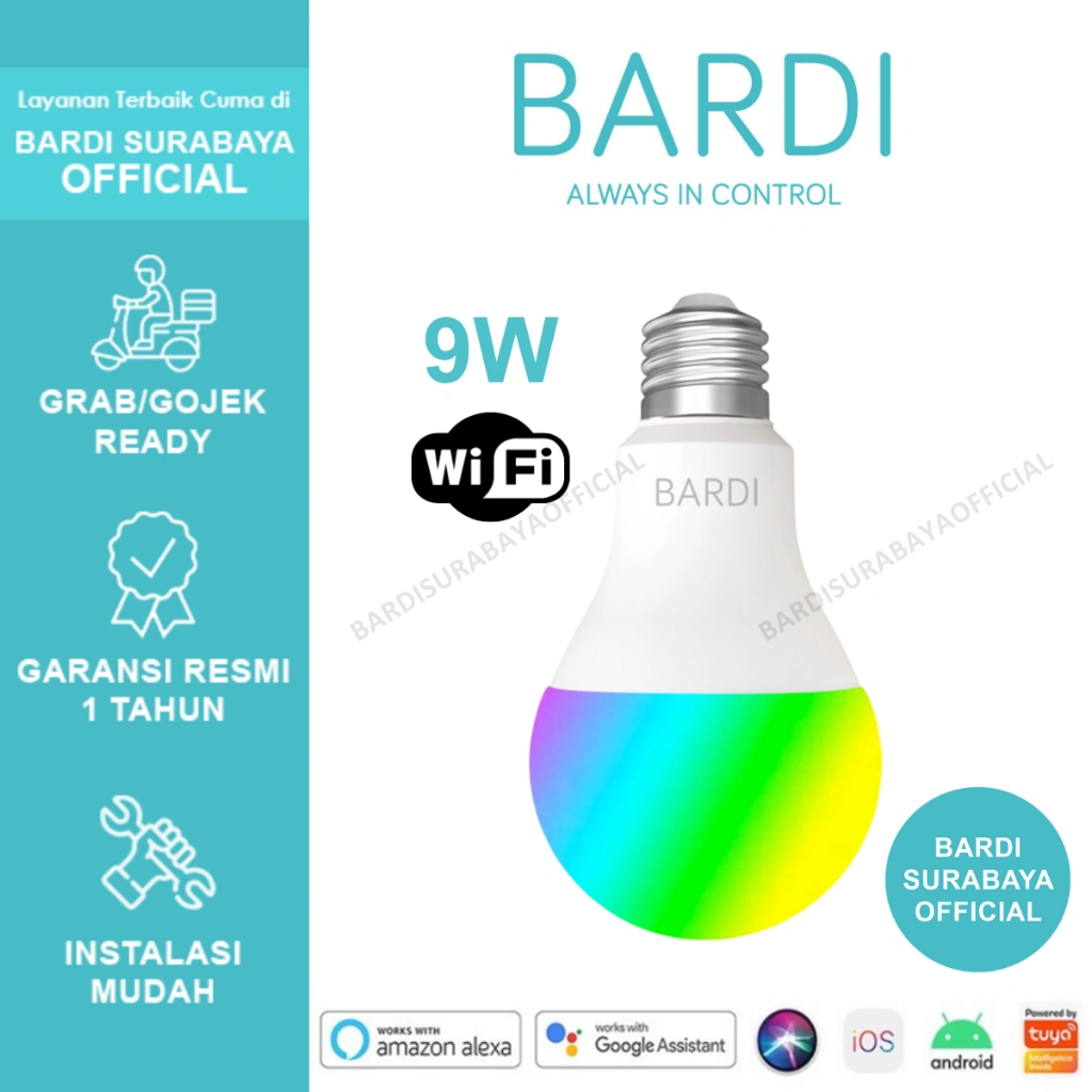 BARDI Lampu Bohlam Pintar Smart LED Lamp Light Bulb 9W 9 Watt RGBWW Wifi Schedule Timer Otomatis IoT