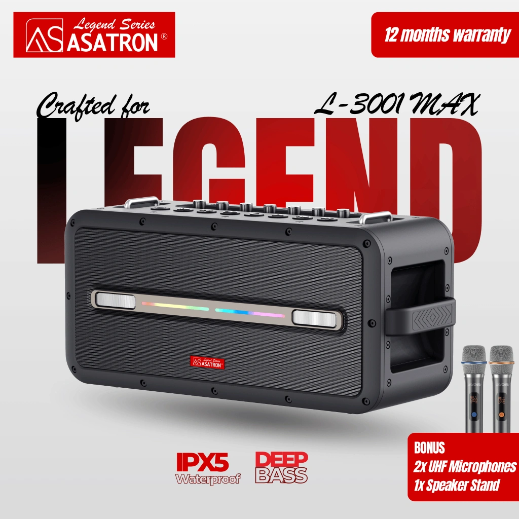 Asatron Legend L-3001 MAX Bluetooth Party Speaker, Deep Bass, IPX5, 2 UHF Wireless Mics